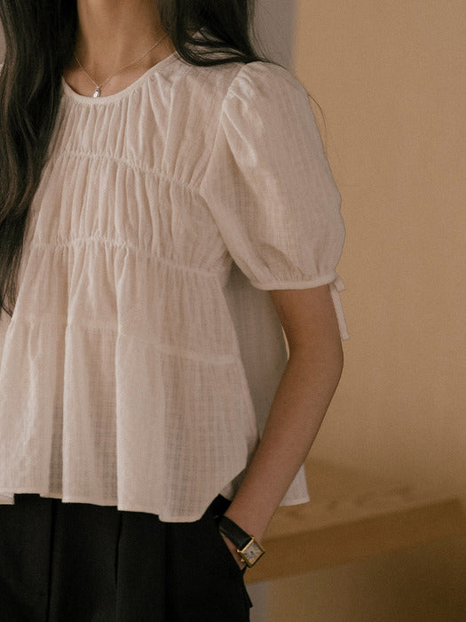 [TILLIDIE] Shirring puff blouse TISU01BL09_Ivory