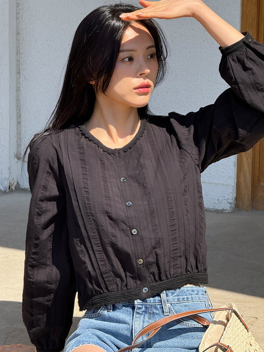 [TILLIDIE] Romantic lace shirring cotton blouse_Black