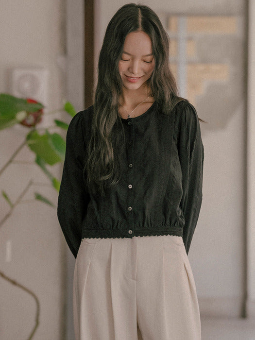 [TILLIDIE] Romantic lace shirring cotton blouse_Black