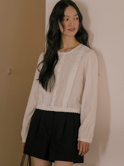 [TILLIDIE] Romantic lace shirring cotton blouse_Ivory