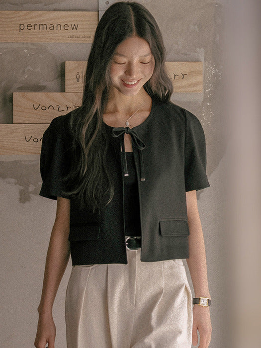 [TILLIDIE] Crop ribbon point jacket TISU01JK02_Black