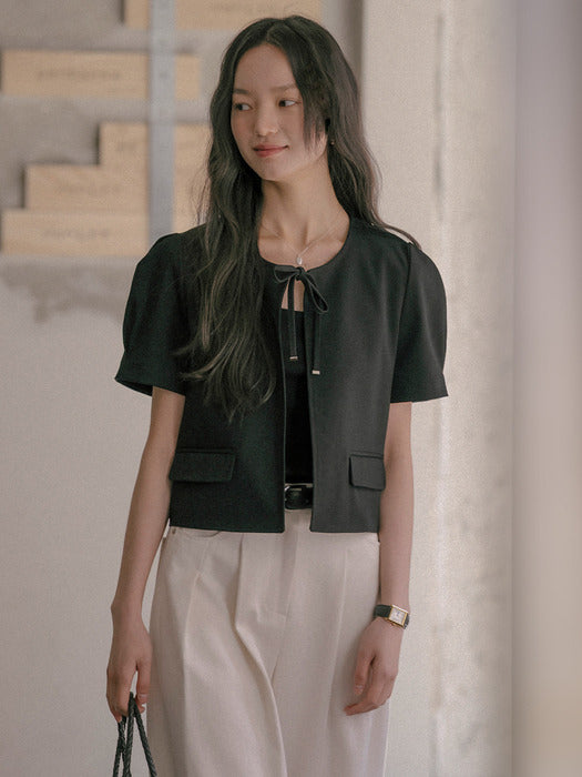 [TILLIDIE] Crop ribbon point jacket TISU01JK02_Black