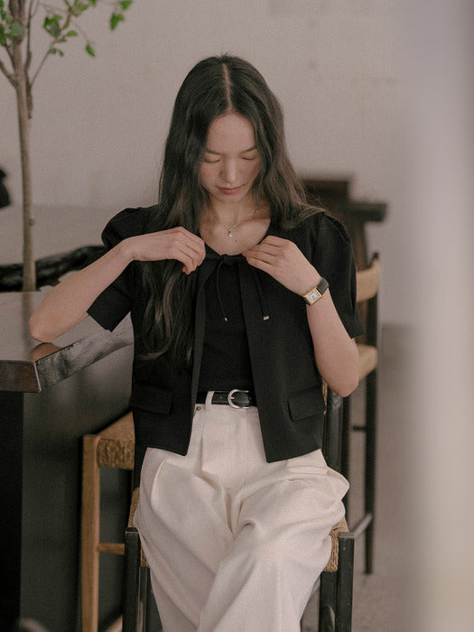 [TILLIDIE] Crop ribbon point jacket TISU01JK02_Black