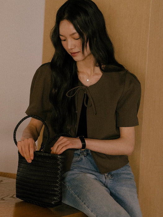 [TILLIDIE] Crop ribbon point jacket TISU01JK01_Brown