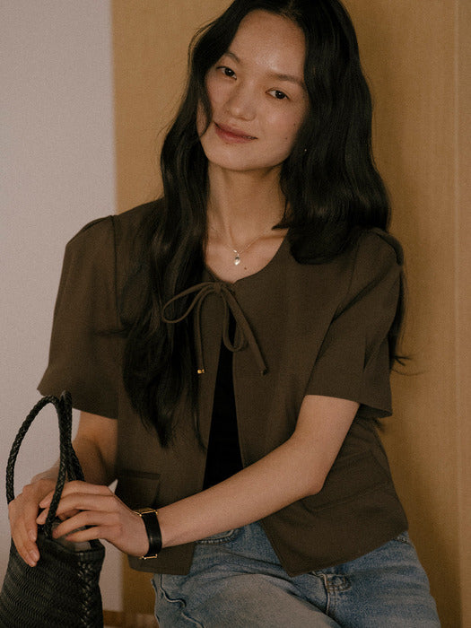 [TILLIDIE] Crop ribbon point jacket TISU01JK01_Brown
