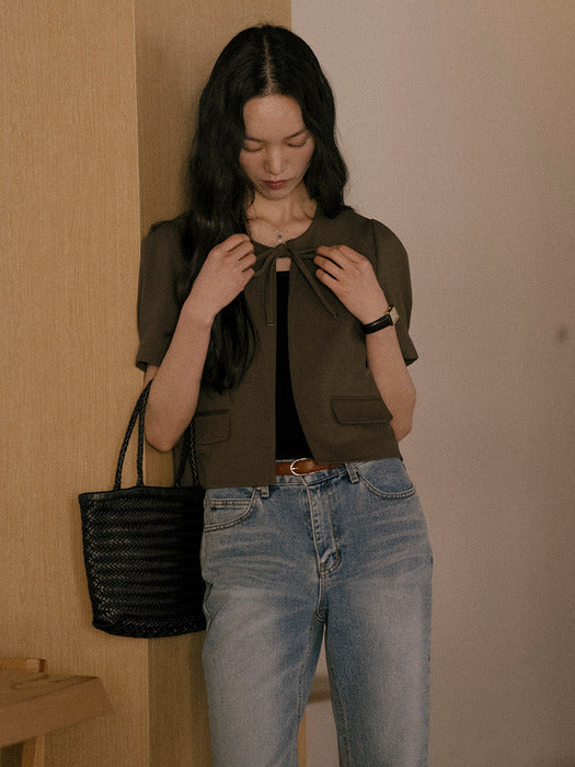 [TILLIDIE] Crop ribbon point jacket TISU01JK01_Brown