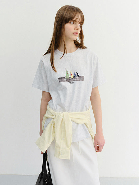 Dunst Unisex Applique Yacht T-Shirt Light Melange Grey