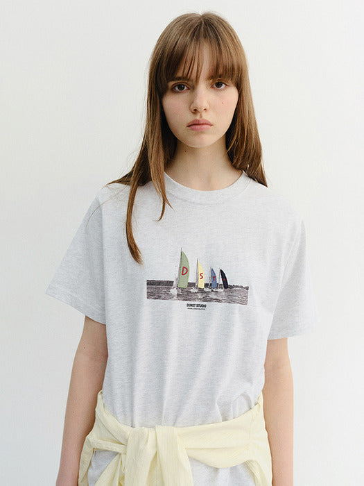 Dunst Unisex Applique Yacht T-Shirt Light Melange Grey