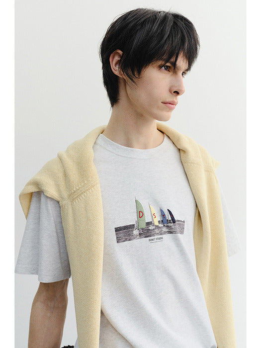 Dunst Unisex Applique Yacht T-Shirt Light Melange Grey