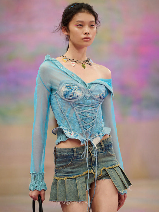 [andersson bell] DENIM PRINT COMBO LOGO LACE CORSET TOP atb1307w(BLUE)