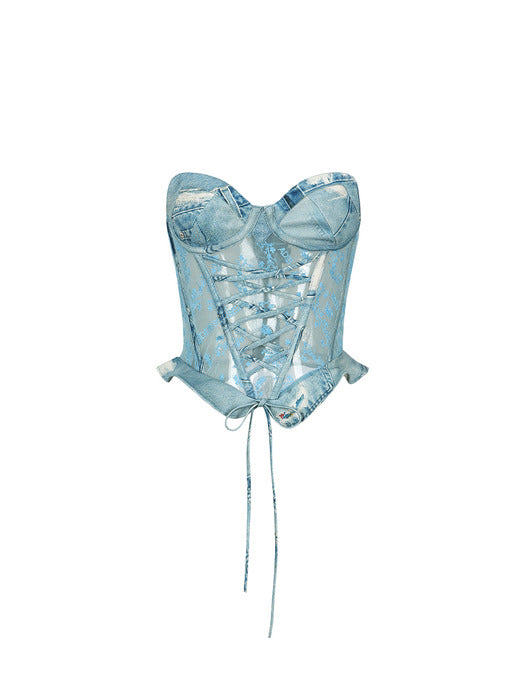 [andersson bell] DENIM PRINT COMBO LOGO LACE CORSET TOP atb1307w(BLUE)