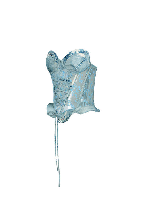 [andersson bell] DENIM PRINT COMBO LOGO LACE CORSET TOP atb1307w(BLUE)