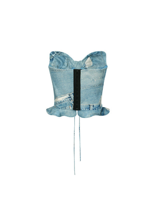 [andersson bell] DENIM PRINT COMBO LOGO LACE CORSET TOP atb1307w(BLUE)