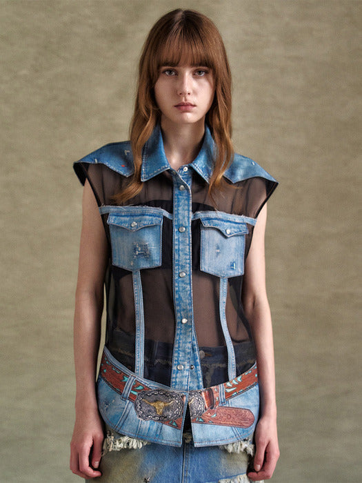 [andersson bell] DENIM PRINTED SLEEVELESS SHIRTS atb1303w(DENIM/BLACK)