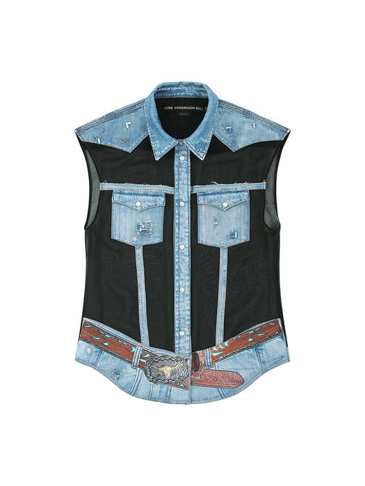[andersson bell] DENIM PRINTED SLEEVELESS SHIRTS atb1303w(DENIM/BLACK)