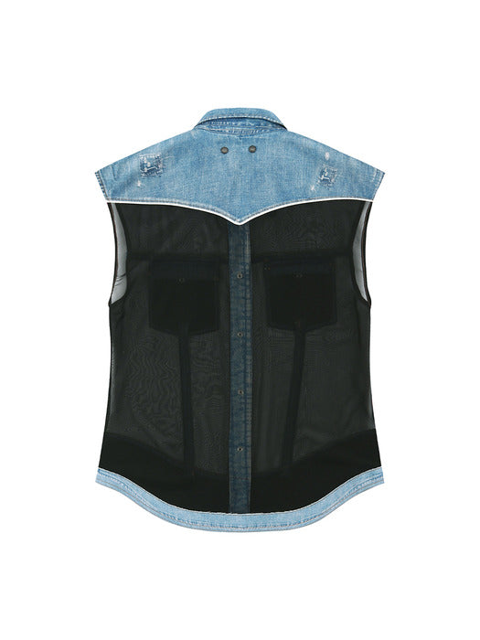 [andersson bell] DENIM PRINTED SLEEVELESS SHIRTS atb1303w(DENIM/BLACK)