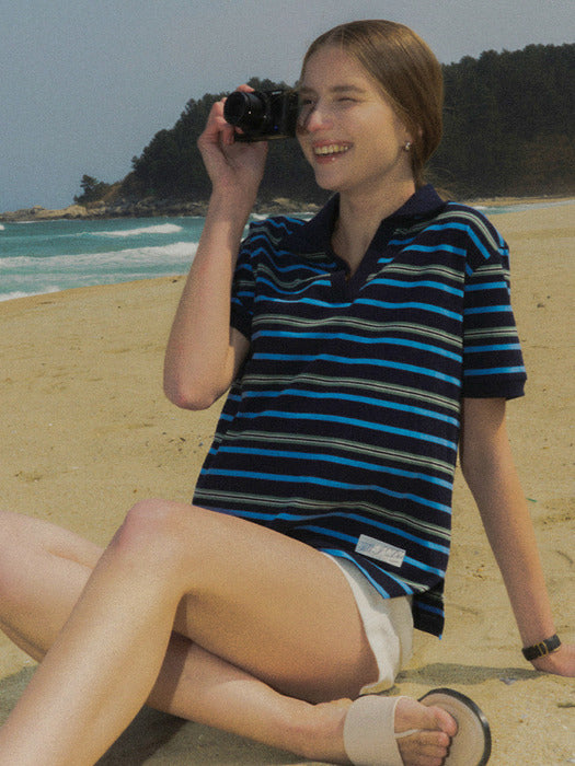 [TILLIDIE] Stripe collar t-shirt TISU02TS04_Navy