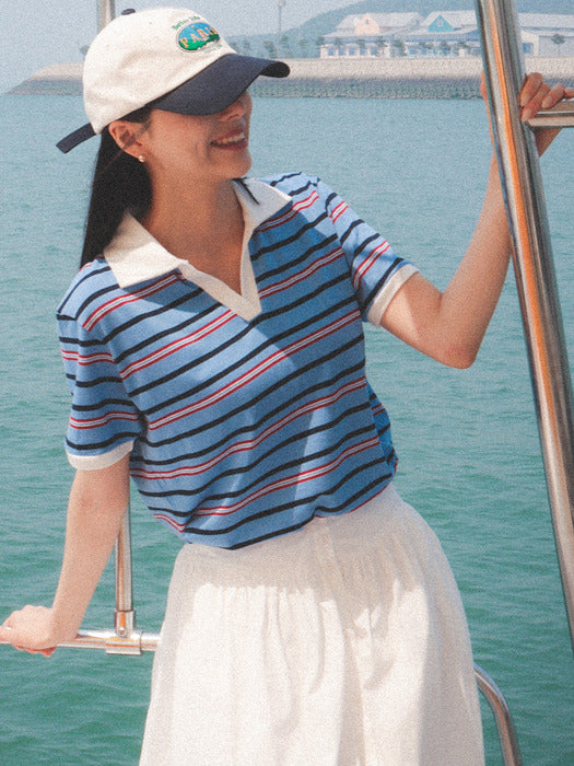 [TILLIDIE] Stripe collar t-shirt TISU02TS03_Blue