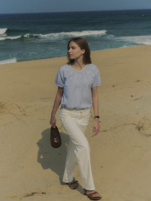 [TILLIDIE] Curved shirring cotton blouse TISU02BL02_Blue