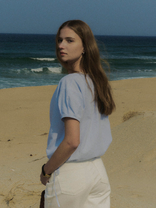 [TILLIDIE] Curved shirring cotton blouse TISU02BL02_Blue