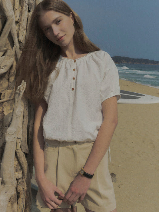 [TILLIDIE] Curved shirring cotton blouse TISU02BL01_Ivory