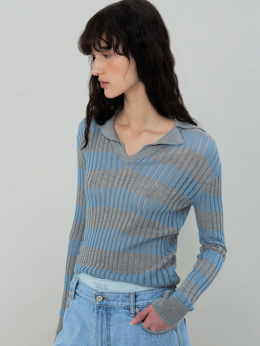Grove 25Ss Flavia Stripe Collar Knit (Blue)