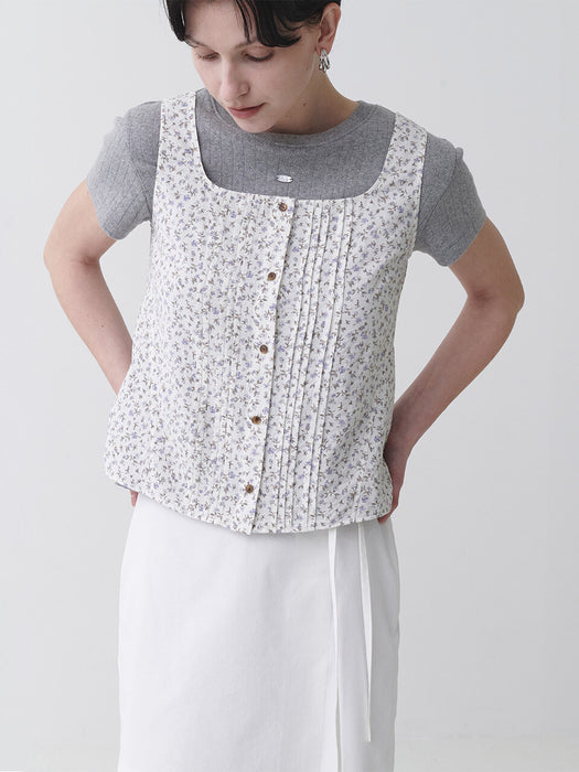 Loeuvre Flower Pintuck Sleeveless Blouse