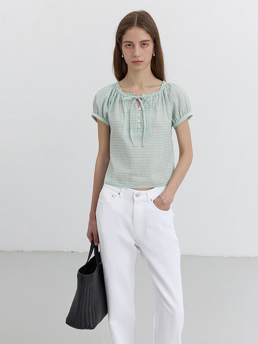 Dunst 2-Way Shirring Blouse Mint Check