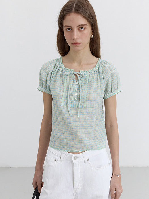 Dunst 2-Way Shirring Blouse Mint Check