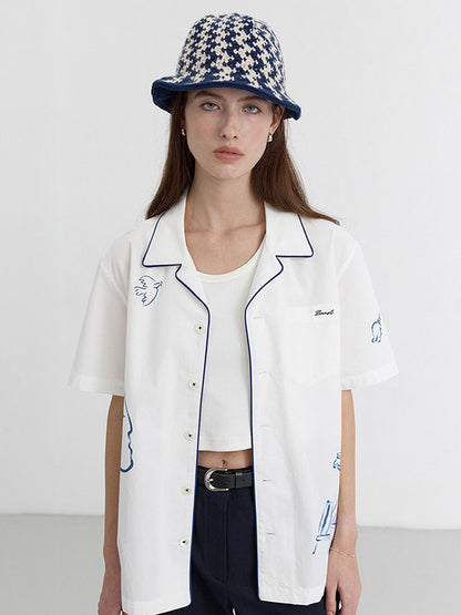 UNISEX HAND-DRAWING OPEN COLLAR SHIRT OCEAN BLUE_UDSH5B129B2