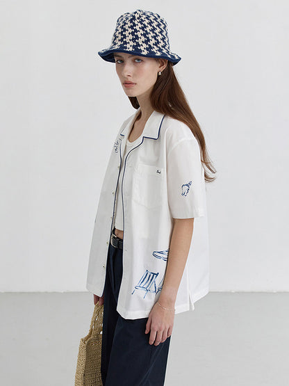 UNISEX HAND-DRAWING OPEN COLLAR SHIRT OCEAN BLUE_UDSH5B129B2