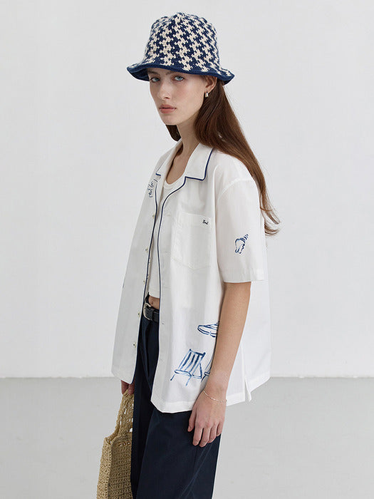UNISEX HAND-DRAWING OPEN COLLAR SHIRT OCEAN BLUE_UDSH5B129B2