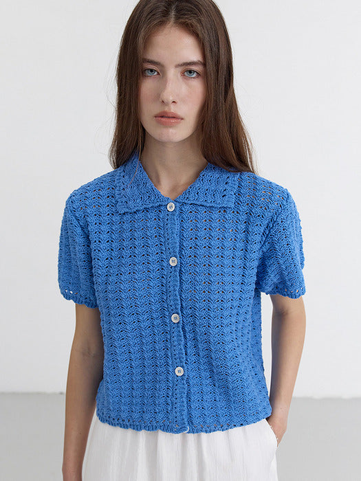 Dunst Unisex Open Collar Crochet Cardigan Blue