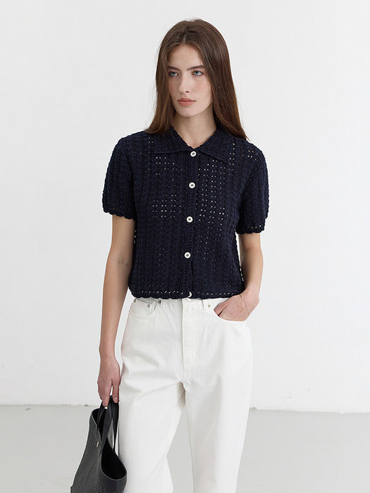 Dunst Unisex Open Collar Crochet Cardigan French Navy