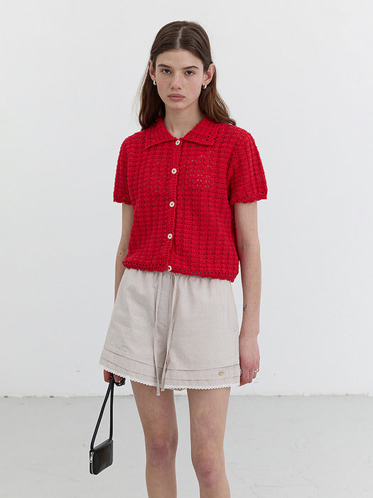 Dunst Unisex Open Collar Crochet Cardigan Red