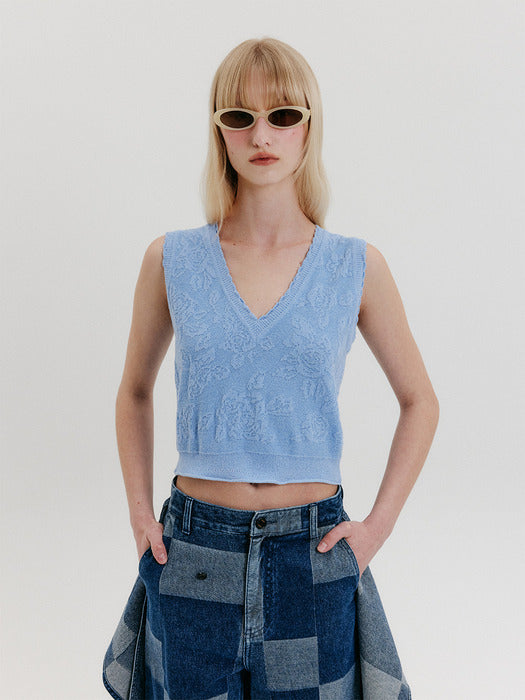 Eenk V-neck Jacquard Knit Vest - Sky Blue