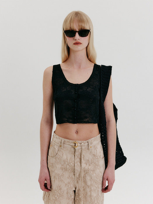 Eenk Lace Cropped Knit Vest - Black