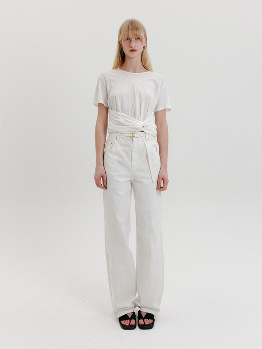 Eenk Belted Straight Denim Pants - Ivory