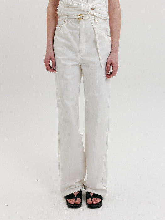 Eenk Belted Straight Denim Pants - Ivory