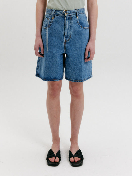 Eenk Belted Mid-Length Denim Shorts - Light Blue