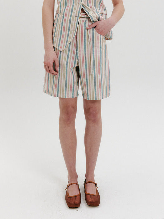 [EENK] Belted Mid-Length Denim Shorts - Multi