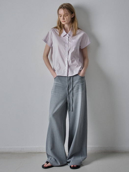 Facade Pattern Cotton Pintuck Half Shirt lavender