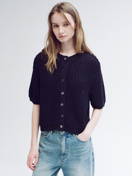 [facade pattern] Paper Half Sleeve Cardigan - Navy