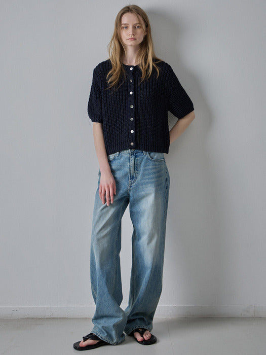 [facade pattern] Paper Half Sleeve Cardigan - Navy