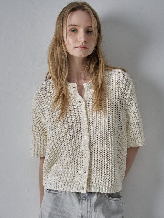 [facade pattern] Paper Half Sleeve Cardigan - Ivory