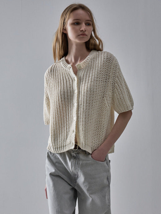 [facade pattern] Paper Half Sleeve Cardigan - Ivory