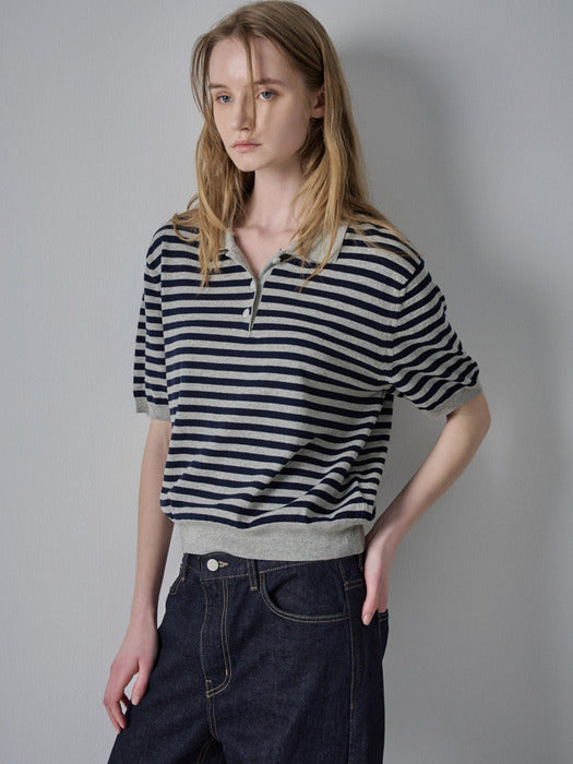 [facade pattern] Stripe Polo Knit - Navy