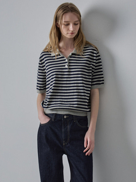 [facade pattern] Stripe Polo Knit - Navy