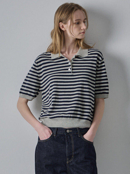 [facade pattern] Stripe Polo Knit - Navy