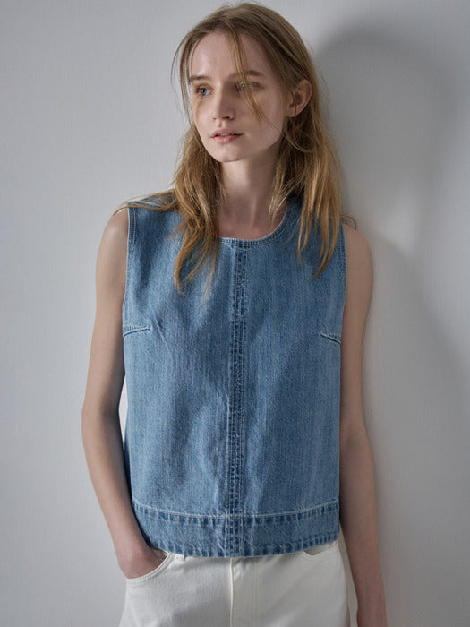 Facade Pattern Denim Sleeveless Top vintage indigo